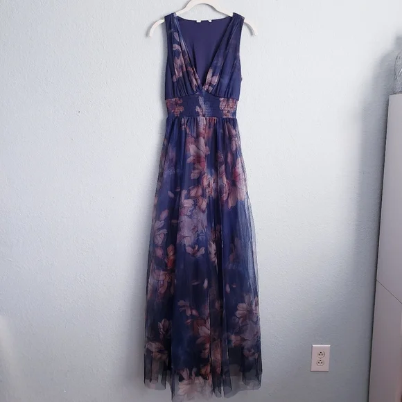 Baltic Born Kamila Dark Blue Floral Tulle  Sleeveless Maxi Dress - Picture 2 of 5